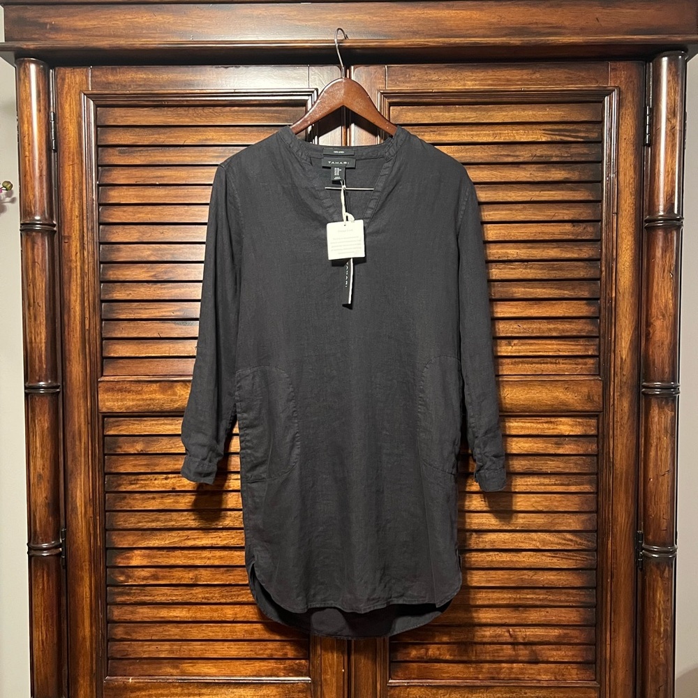 NWT Tahari 100% Linen Black Roll Up Long Sleeve Tunic Dress With Pockets Size XS